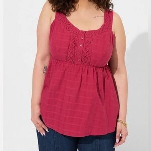 Torrid‎ Pink Babydoll Cotton Window Pane Button Front Eyelet Tank Size 1